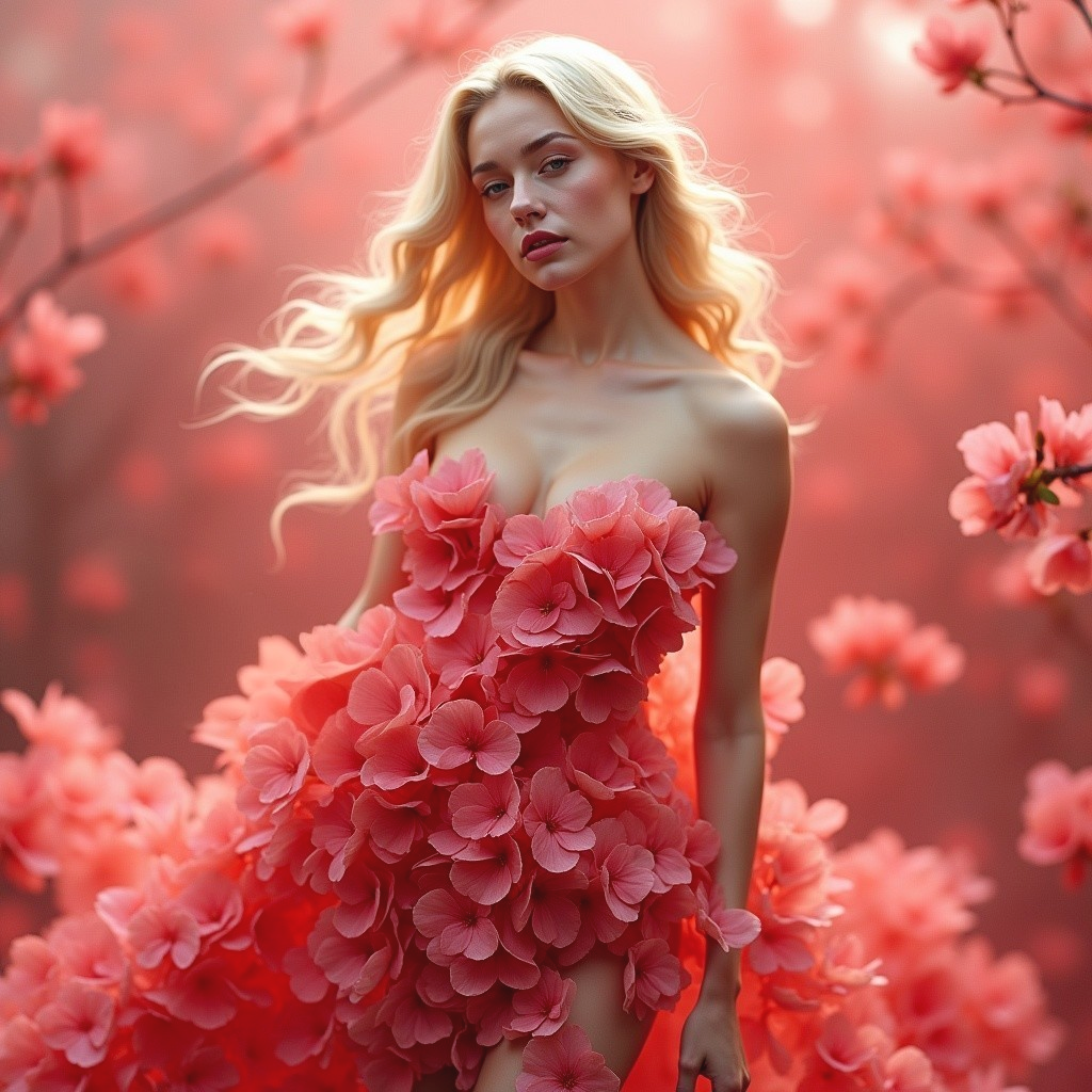 Figure in Petal Dress Surrounded by Blooming Flowers