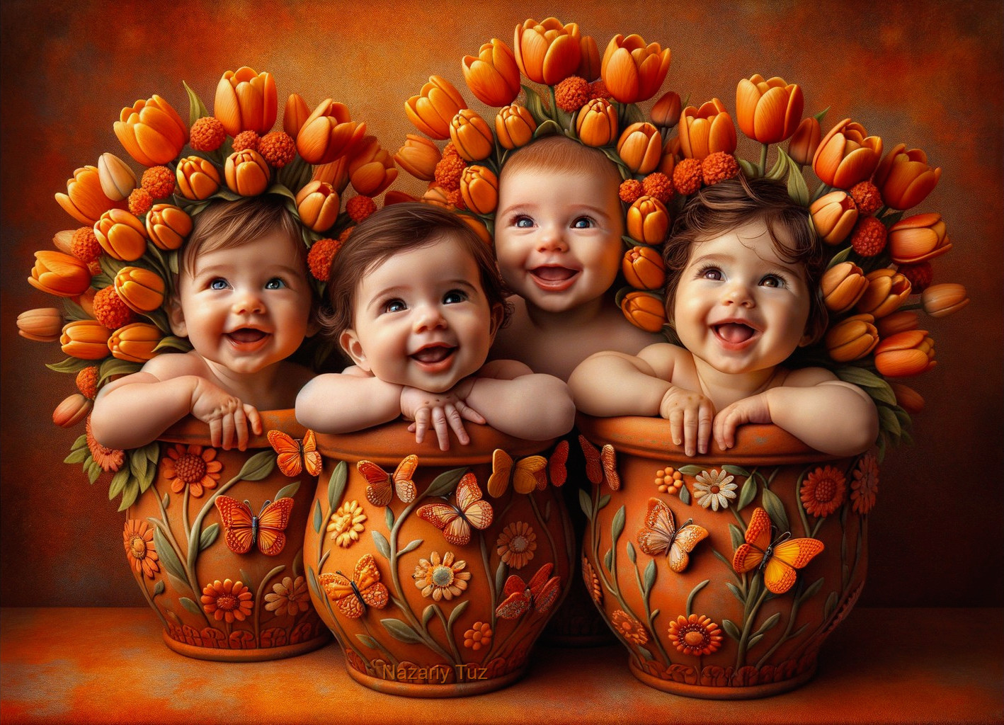 Babies in Flower Pots with Orange Tulips and Butterflies