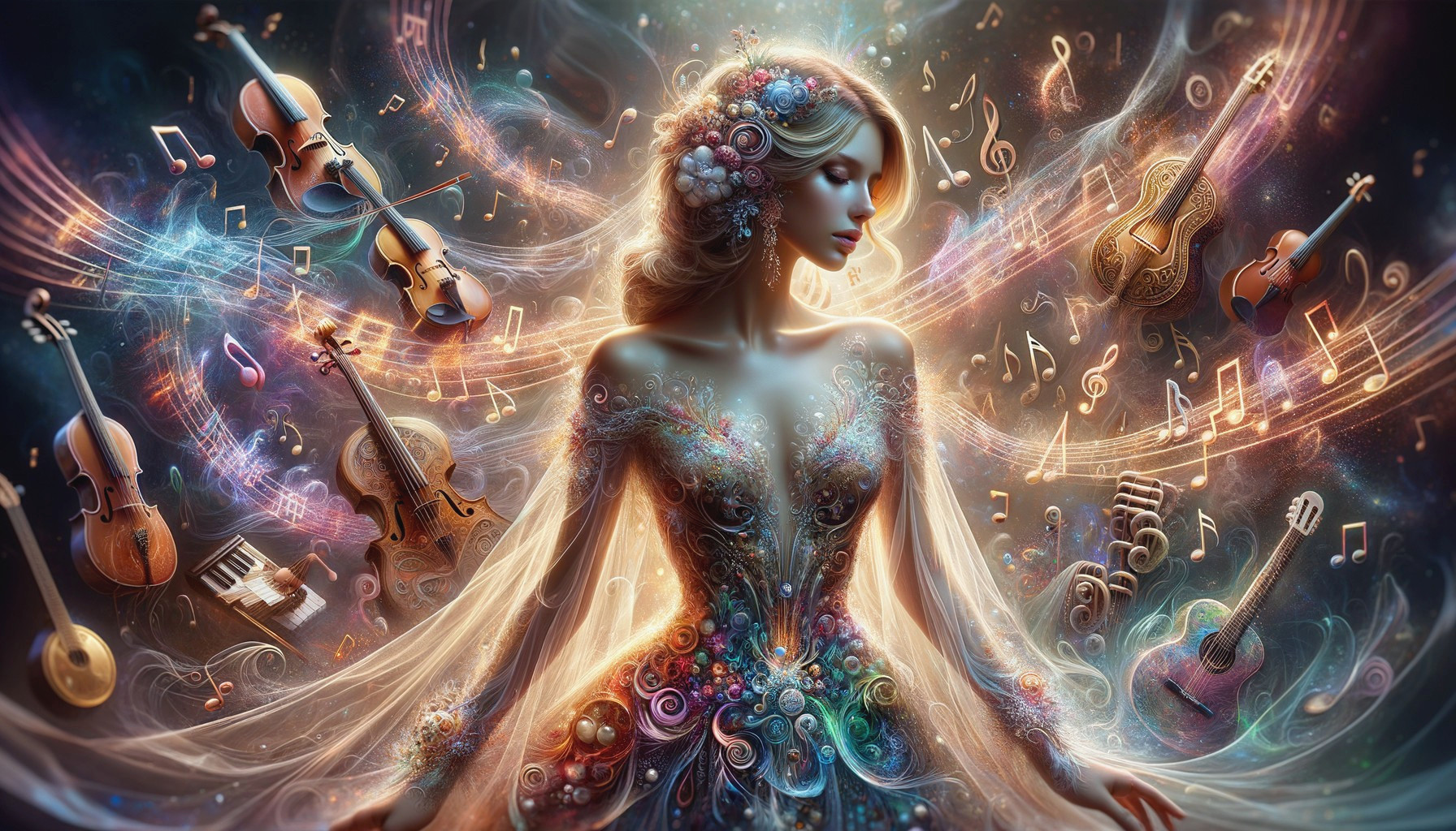 Ethereal Figure in Ornate Gown Surrounded by Music