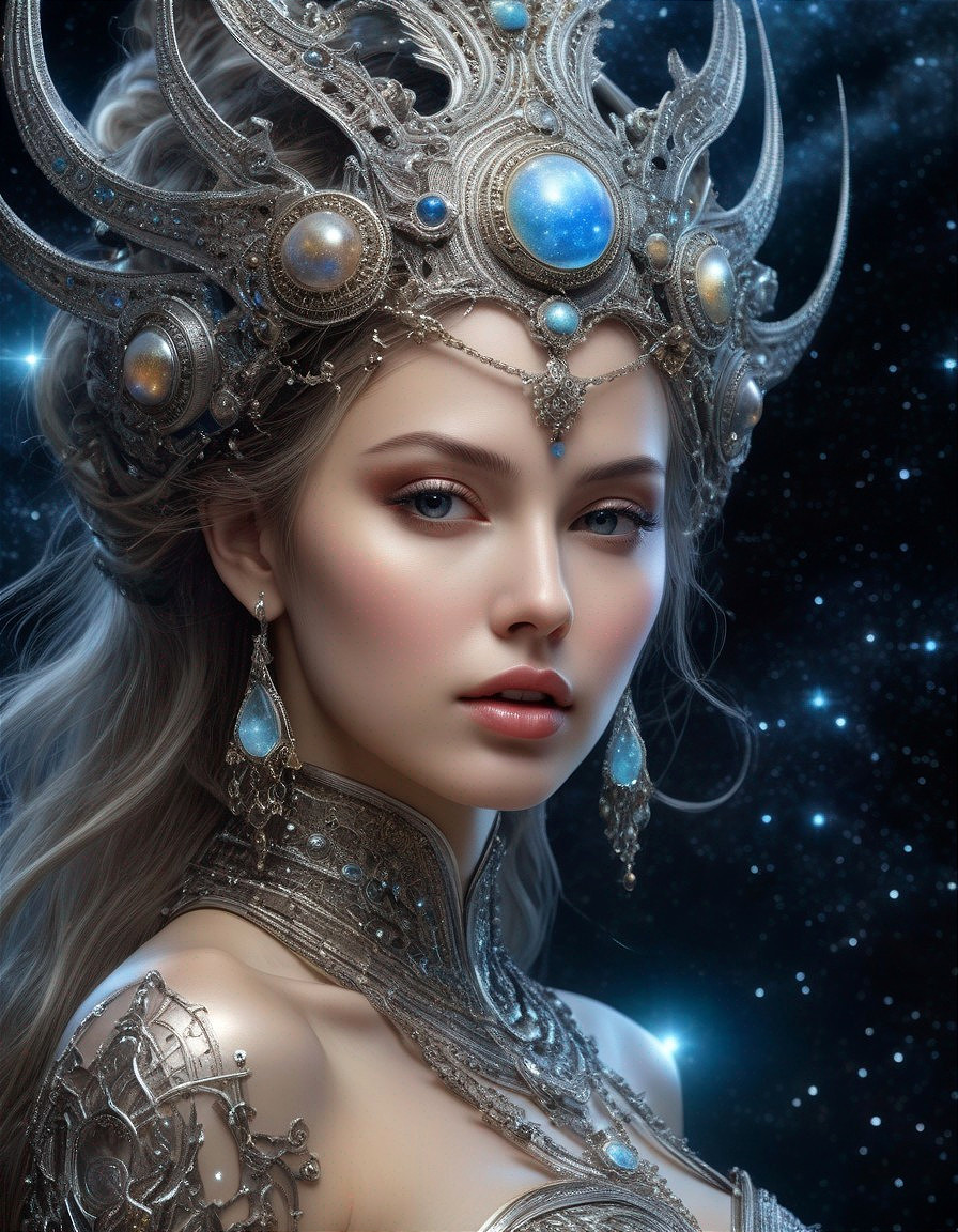 Beautiful woman in silver crown with cosmic backdrop