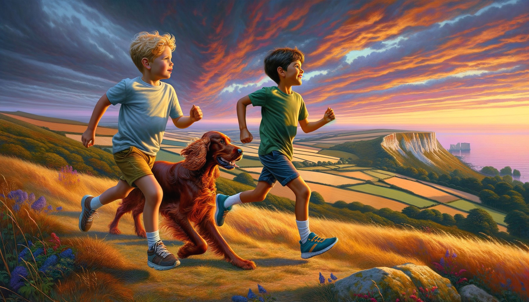 Boys and Dog Play in Scenic Hillside at Sunset