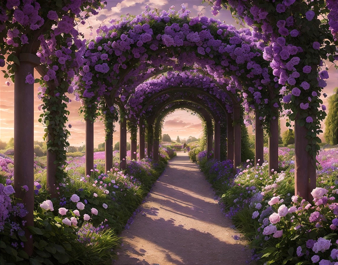 Tranquil Path with Purple Flower Arches at Sunset