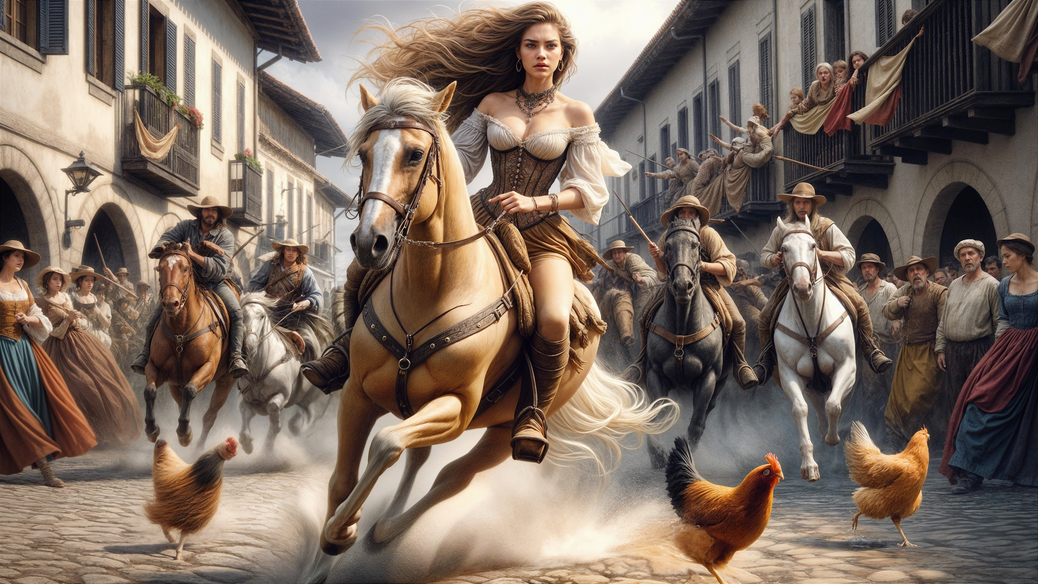 Female Figure on Horse in Busy Medieval Town Scene