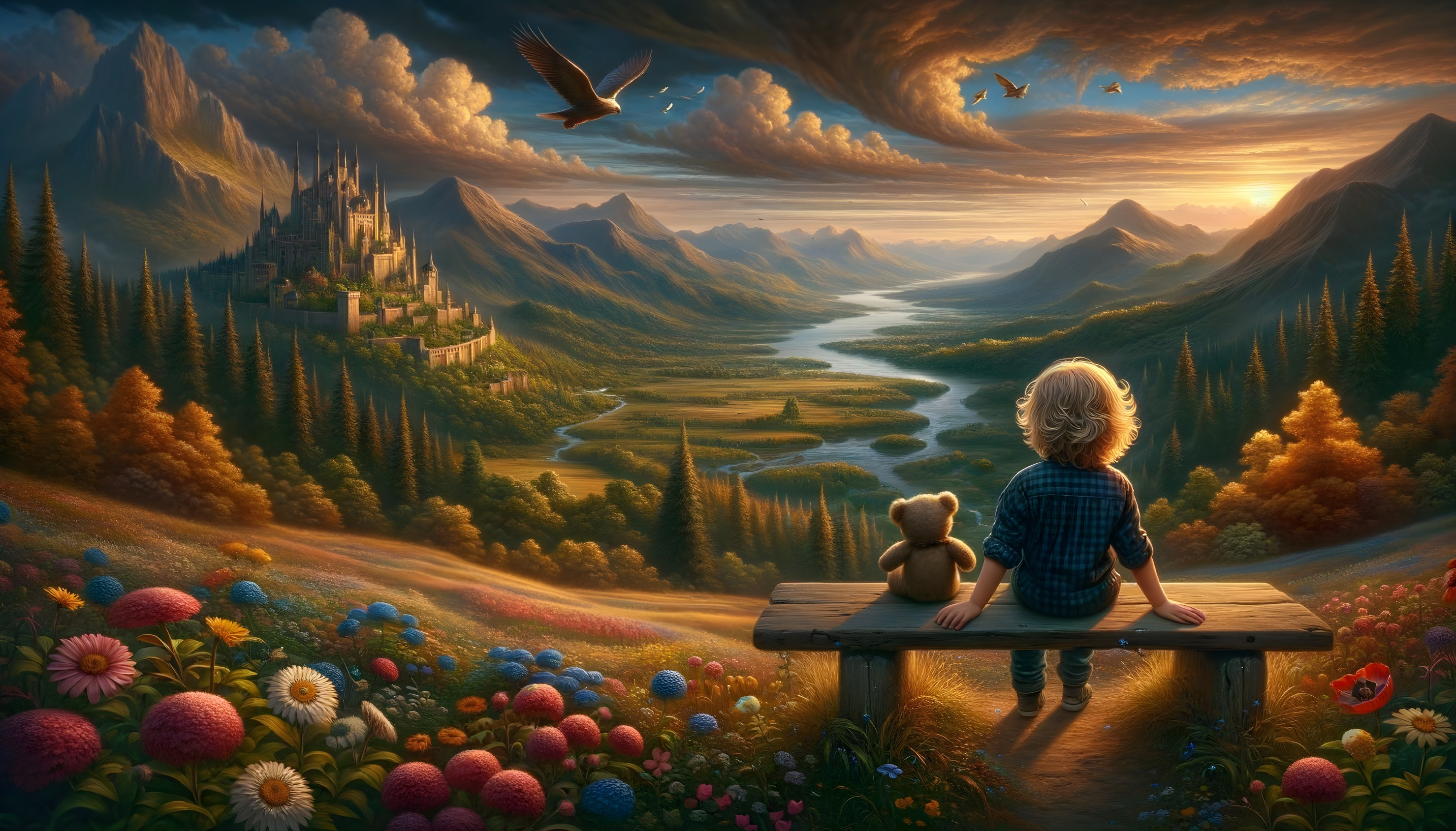 Child with Teddy Bear in Enchanted Sunset Landscape