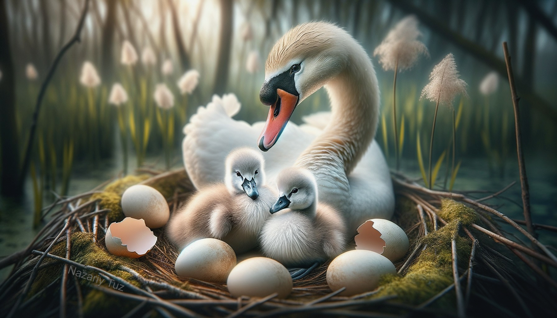 Swan Nurturing Cygnets in a Natural Setting