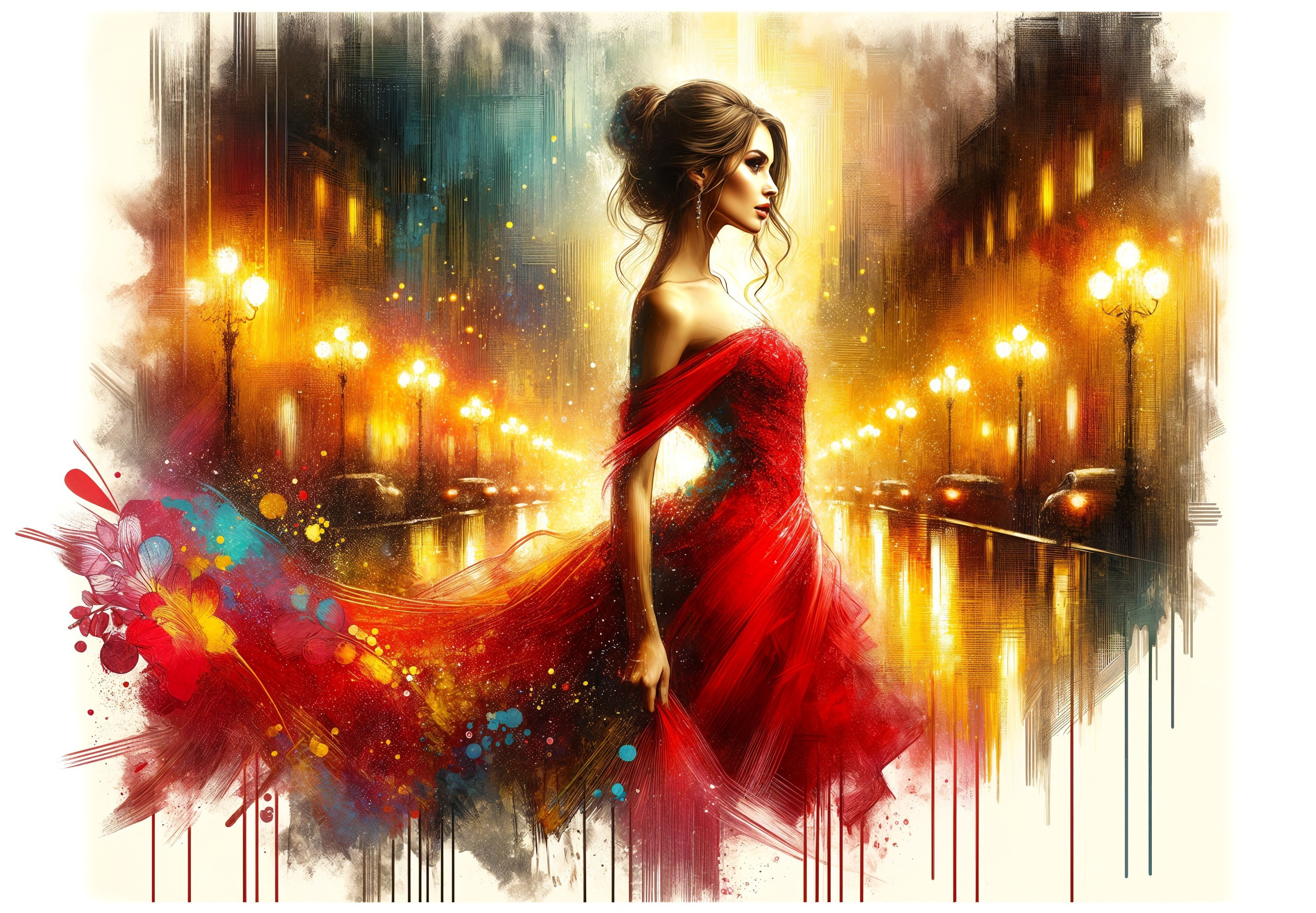 Woman in Red Dress in Vibrant Cityscape Background