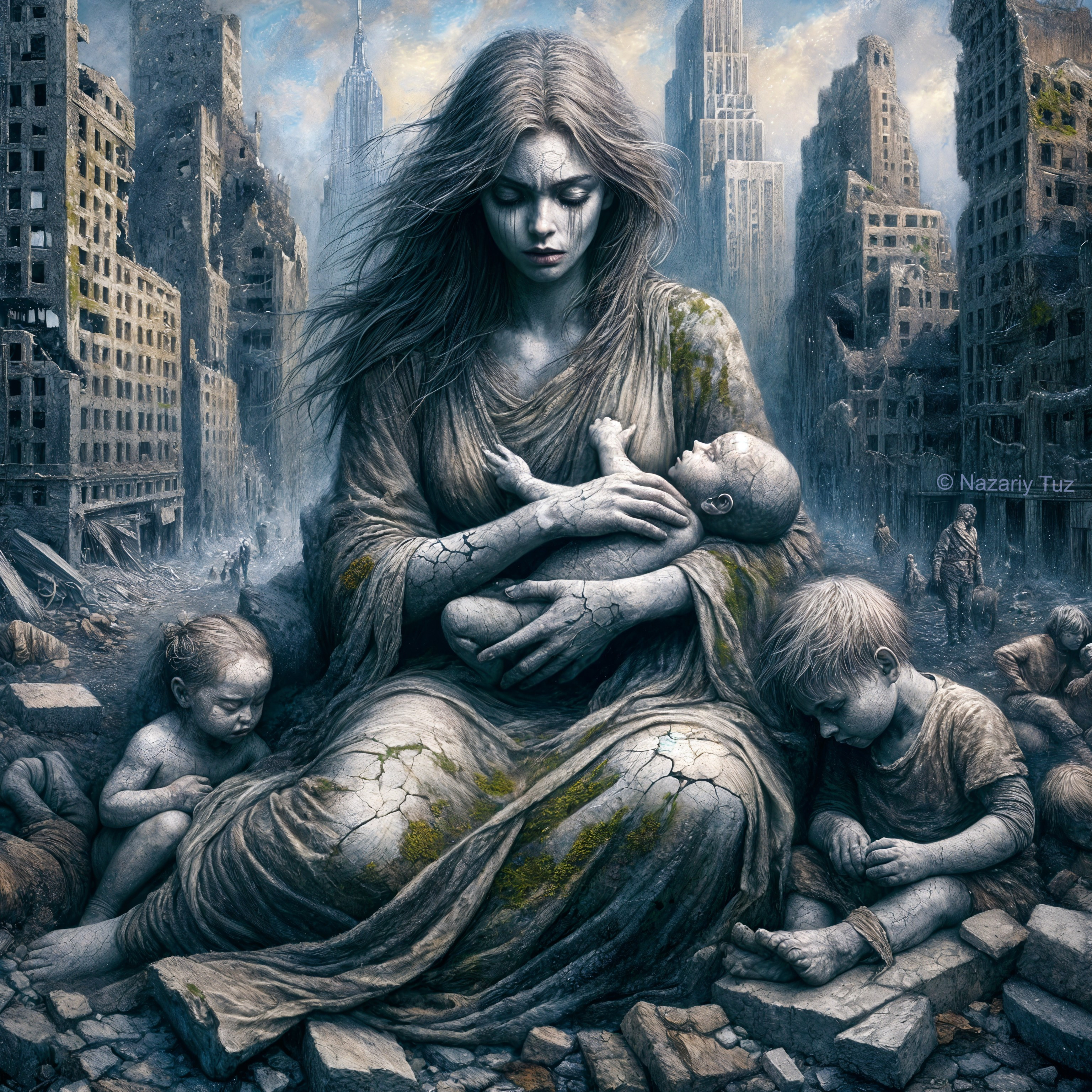 Sorrowful Woman with Children in Ruined Cityscape
