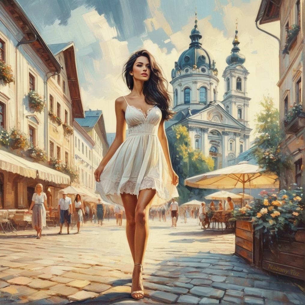 Woman in White Dress on Cobblestone Street Scene