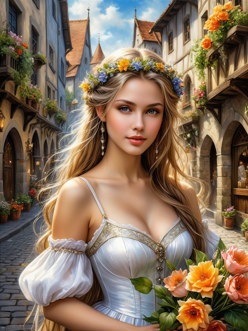 Young woman in medieval village with floral crown