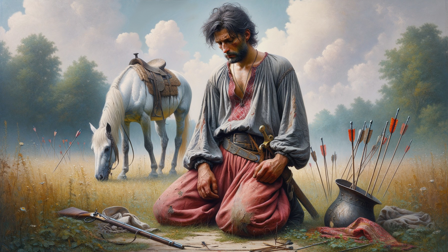 Weary Man in Sunlit Meadow with Horse and Weapons