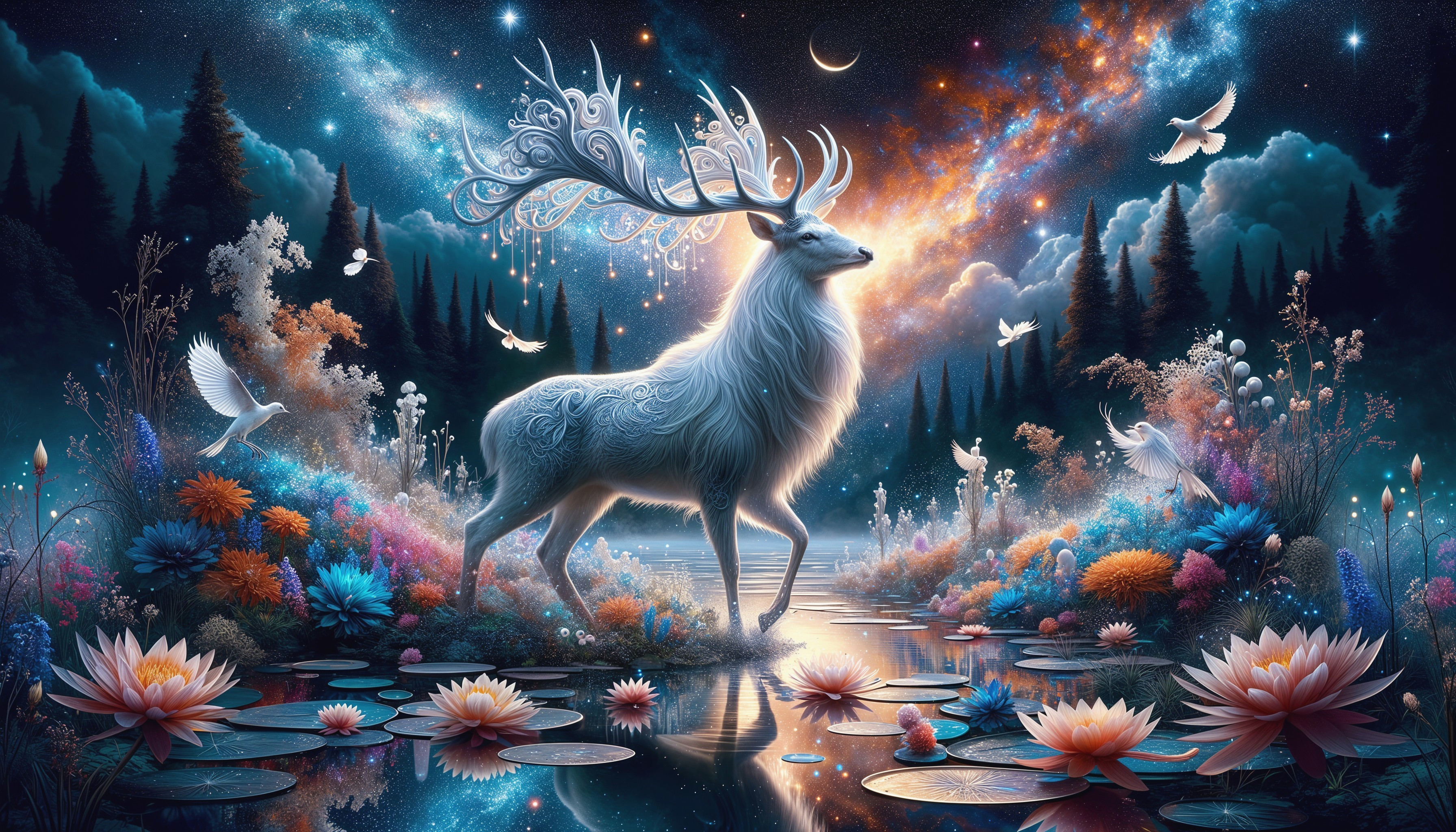 Majestic stag in a serene, magical forest landscape