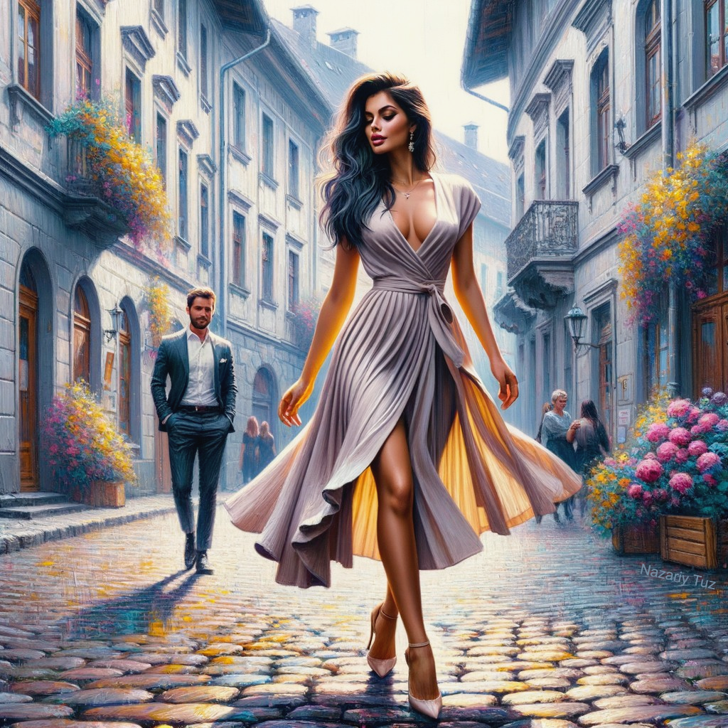 Elegant Woman in Gray Dress on Cobblestone Street