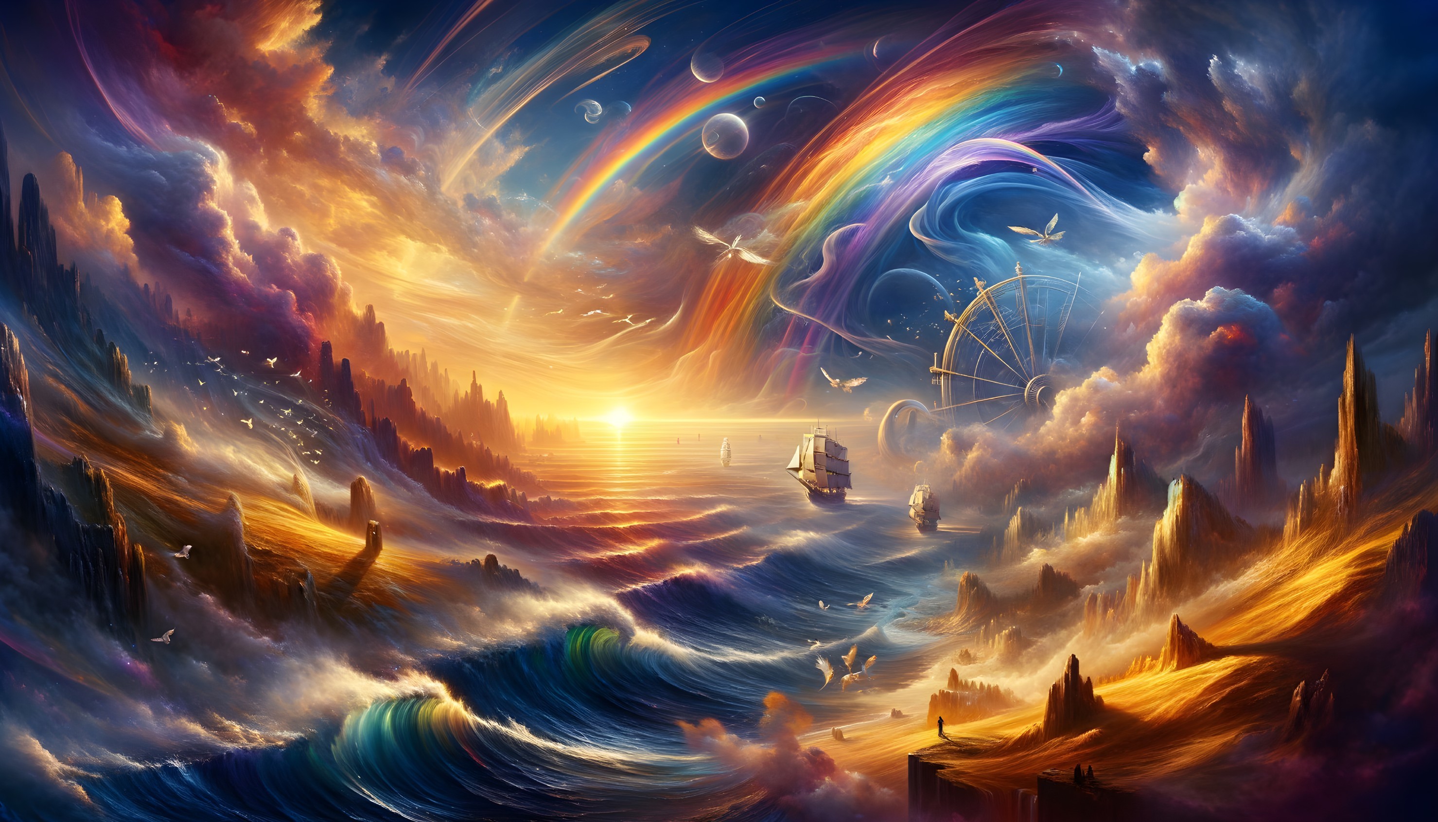 Surreal landscape with swirling clouds, glowing sunset, and fantastical structures