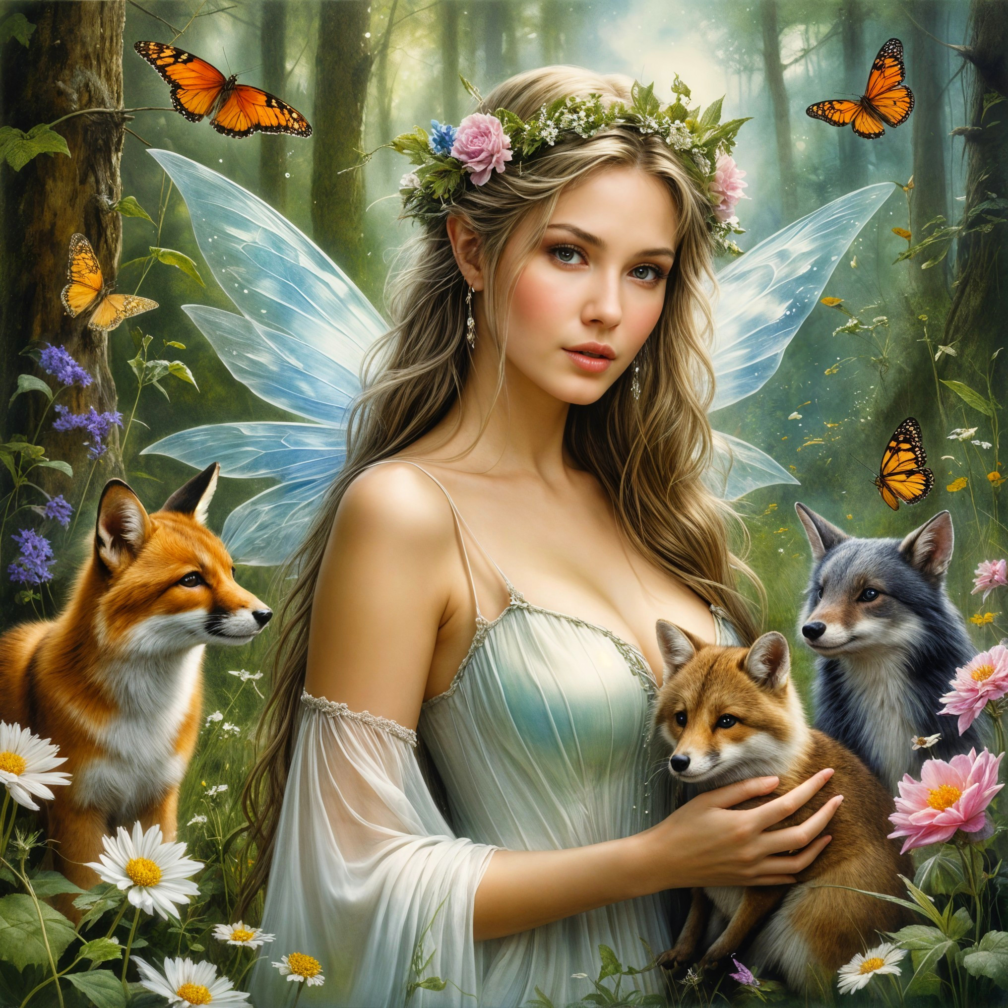 Fairy in Enchanted Forest with Foxes and Flowers