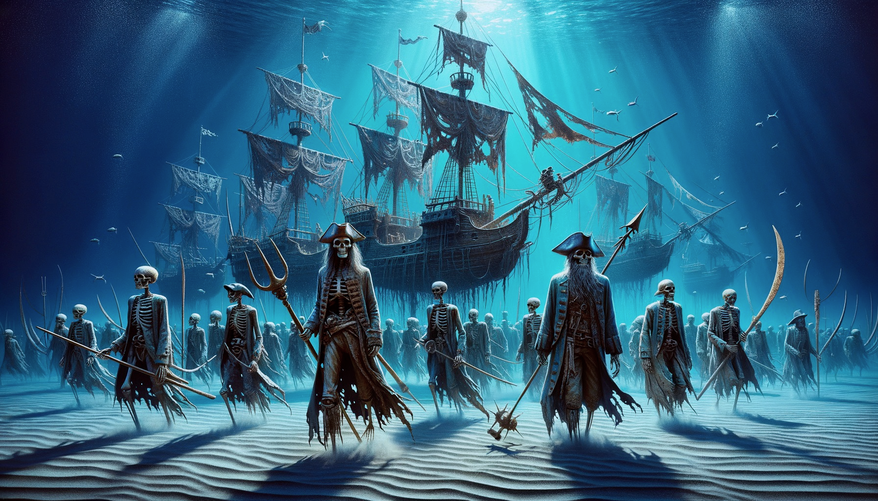 Ghostly Pirate Ship and Skeletons in Underwater Scene