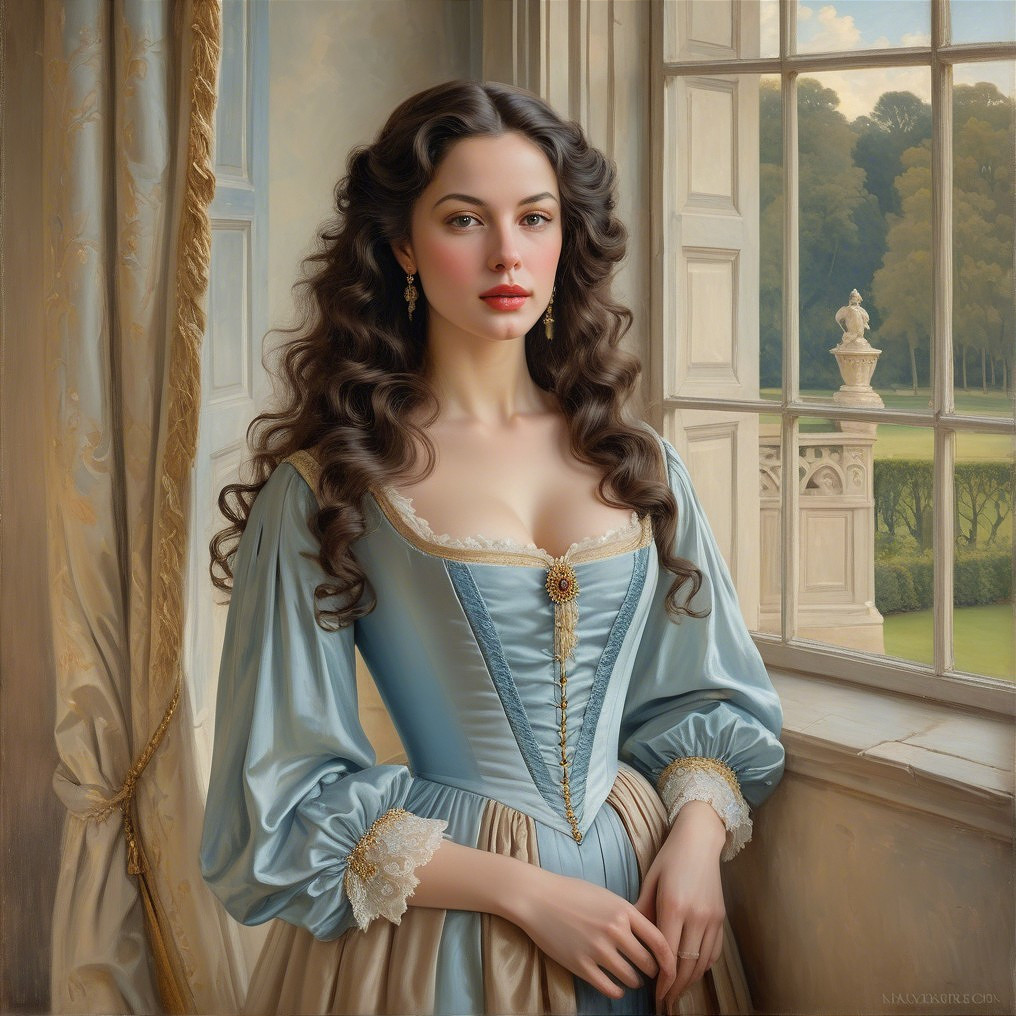 Woman in vintage dress by large window with greenery