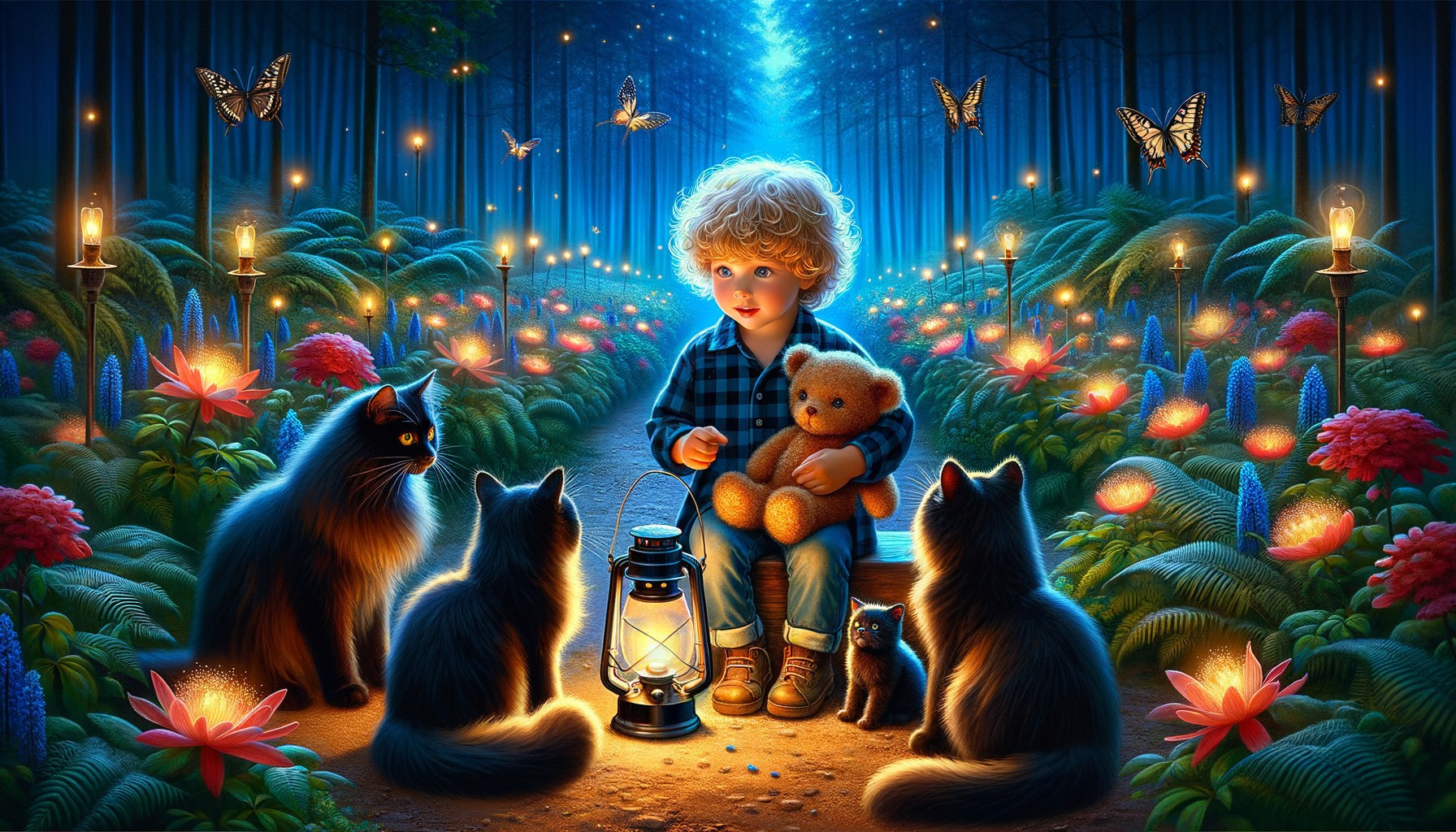 Child with Teddy Bear in Enchanted Forest Scene