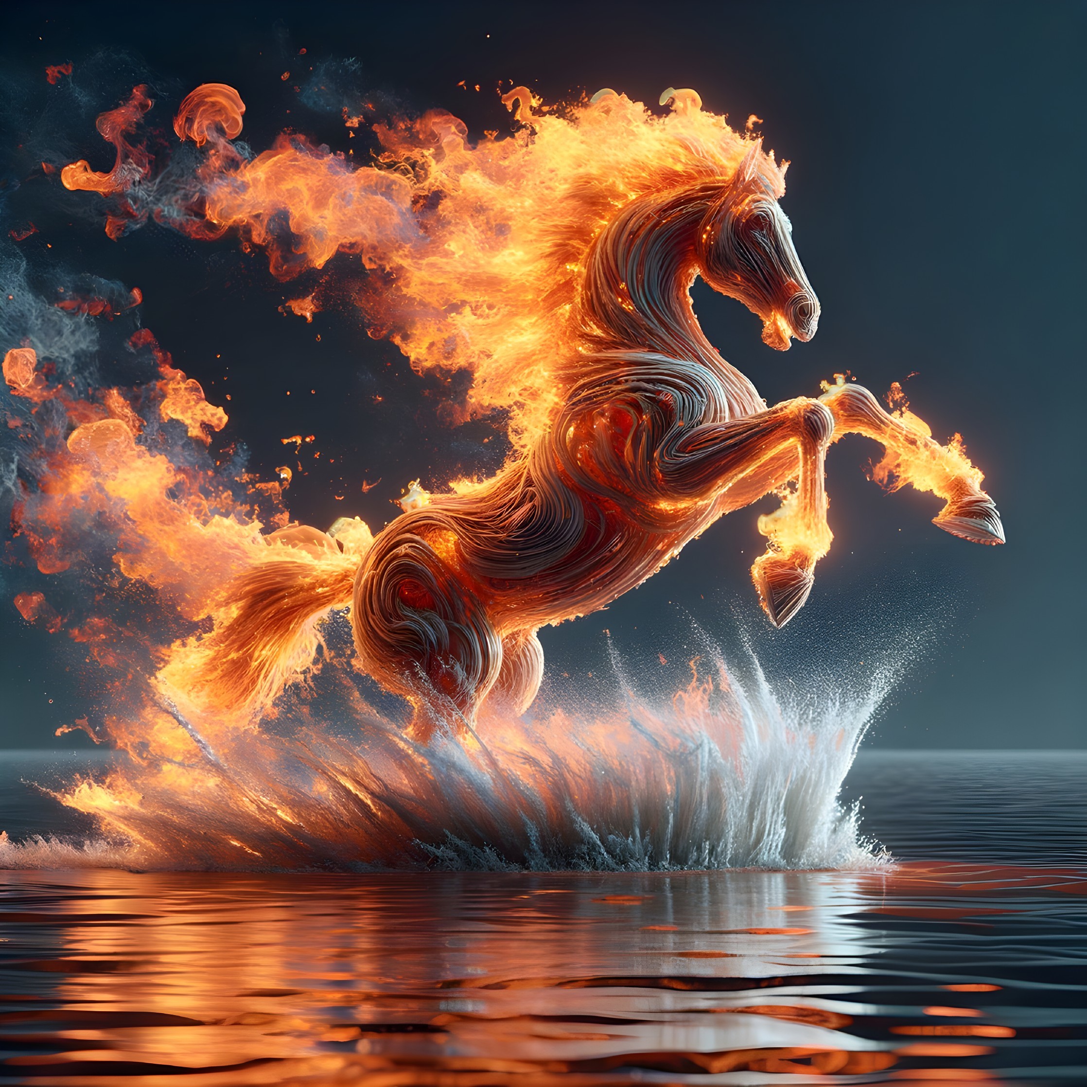 Fiery horse rearing with flames reflected on water