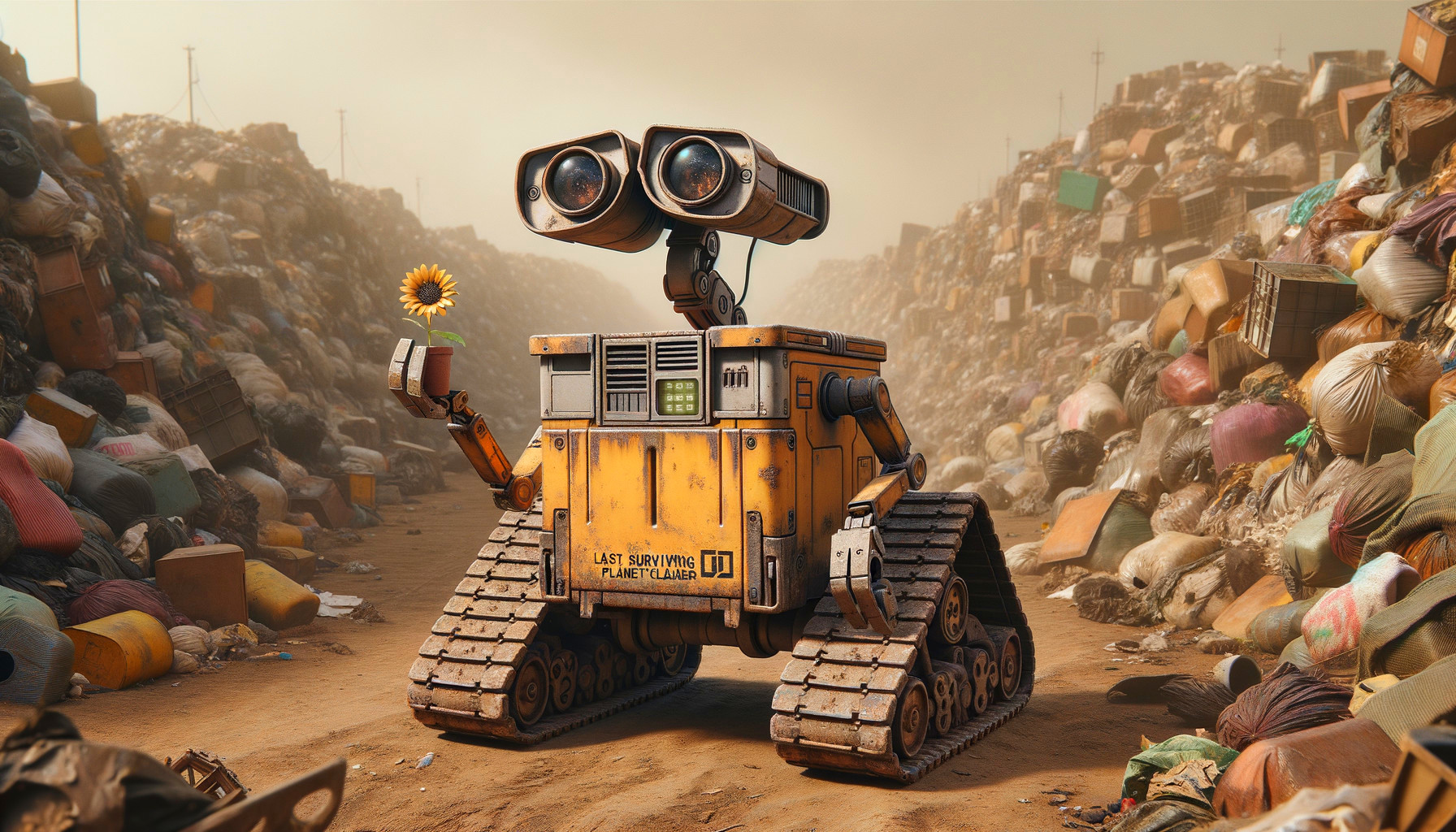 Rusty Robot in a Trash Landscape with a Flower