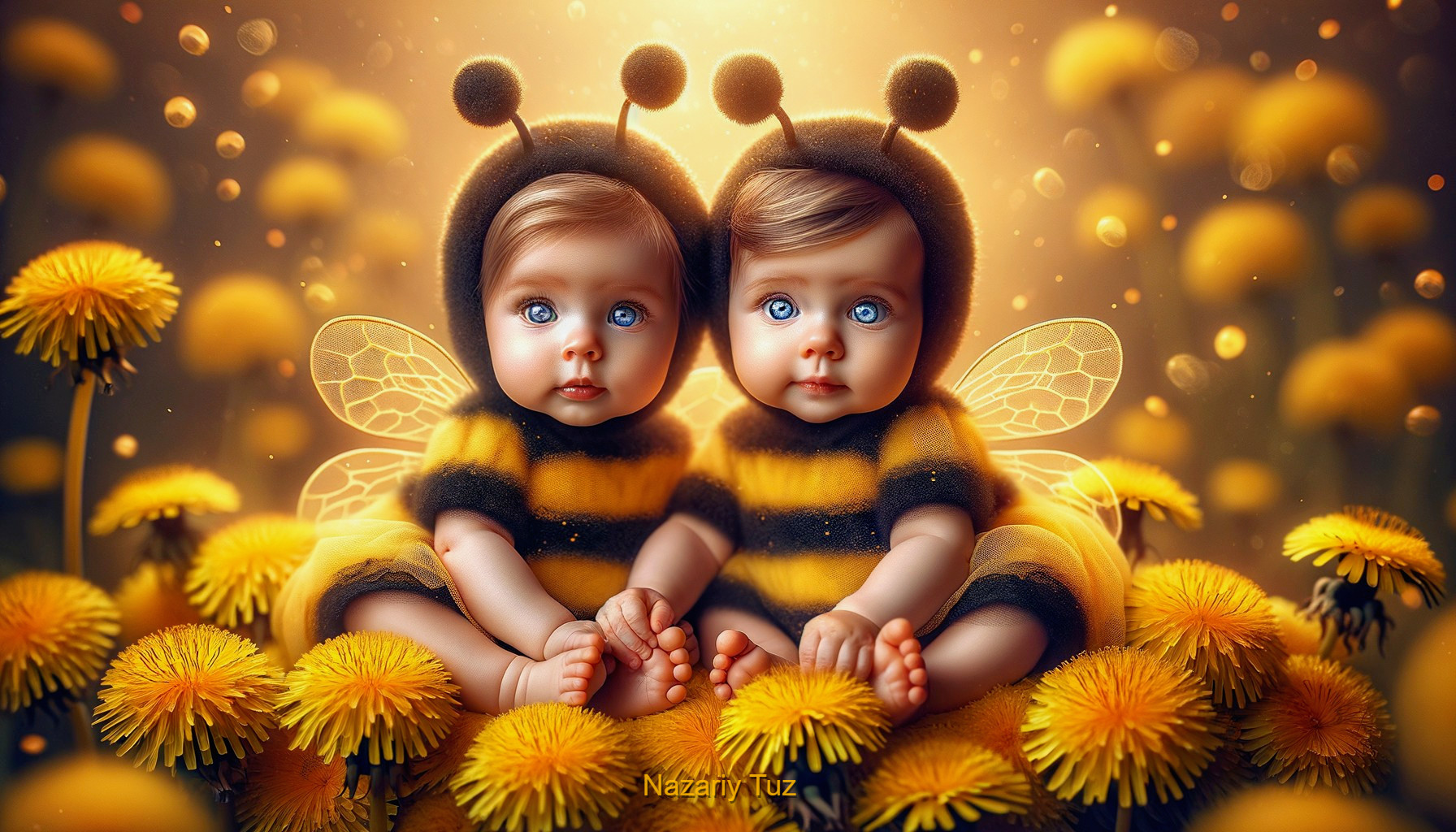 Dolls in Bumblebee Costumes Surrounded by Dandelions
