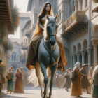 Medieval Town Scene with Woman on White Horse