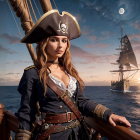 Pirate woman on ship's deck at twilight with moonlit sky