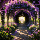 Tranquil Path with Purple Flower Arches at Sunset