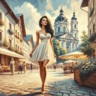 Woman in White Dress on Cobblestone Street Scene