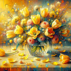 Vibrant Yellow Tulips in Clear Glass Vase with White Flowers