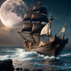 Sailing ship in stormy seas under full moon