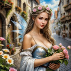 Fairy in Enchanted Forest with Foxes and Flowers