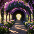 Tranquil garden path with pink and purple flowers under archway