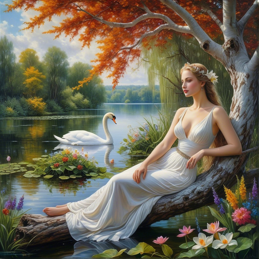 Woman in White Dress by Tranquil Lake with Flowers