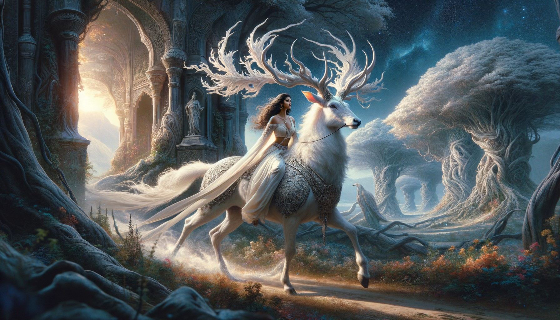 Majestic White Deer and Woman in Mystical Forest