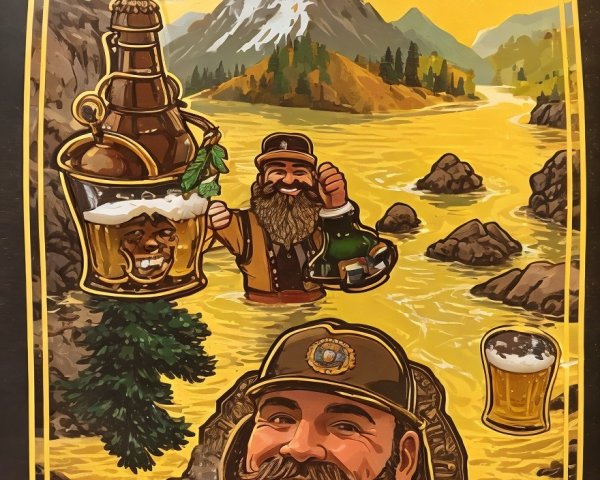 Bearded man in hat with beers, mountain backdrop, beer bottle, pint glasses, hops.