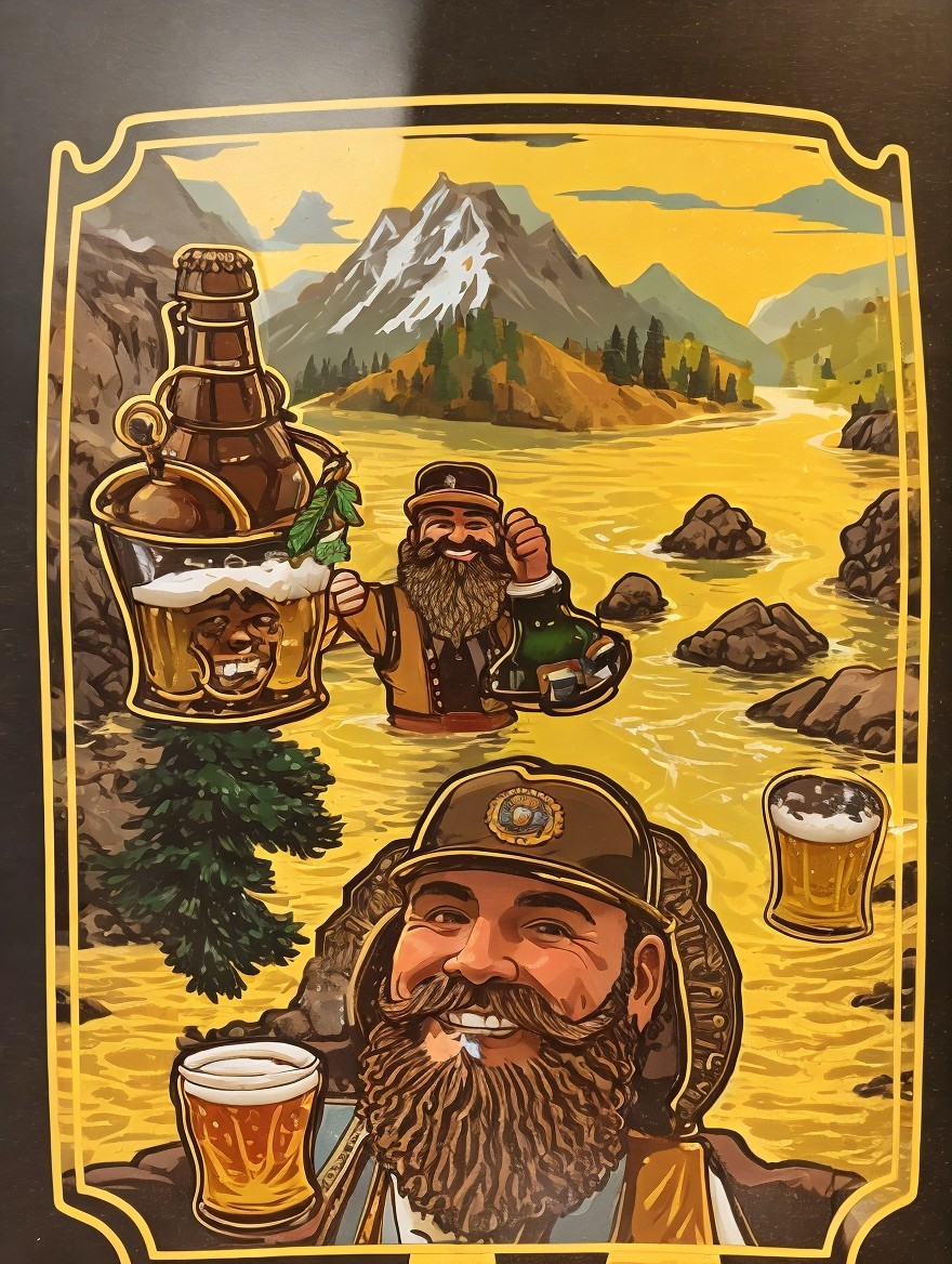 Bearded man in hat with beers, mountain backdrop, beer bottle, pint glasses, hops.
