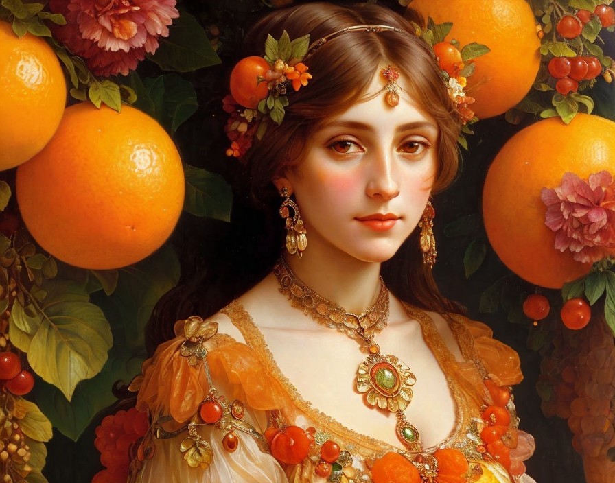 Classical portrait of woman surrounded by oranges and blossoms in orange attire.
