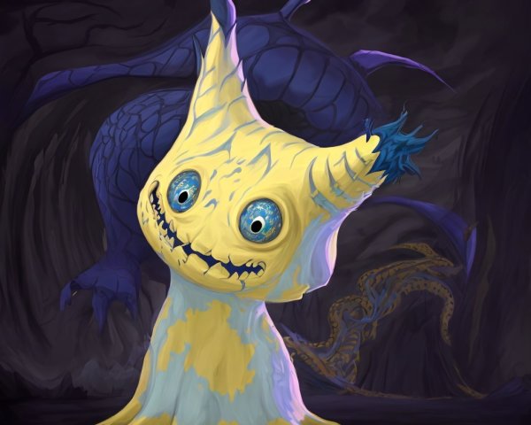 Yellow whimsical creature with blue eyes, spiky hair, wings, and tail on dark background