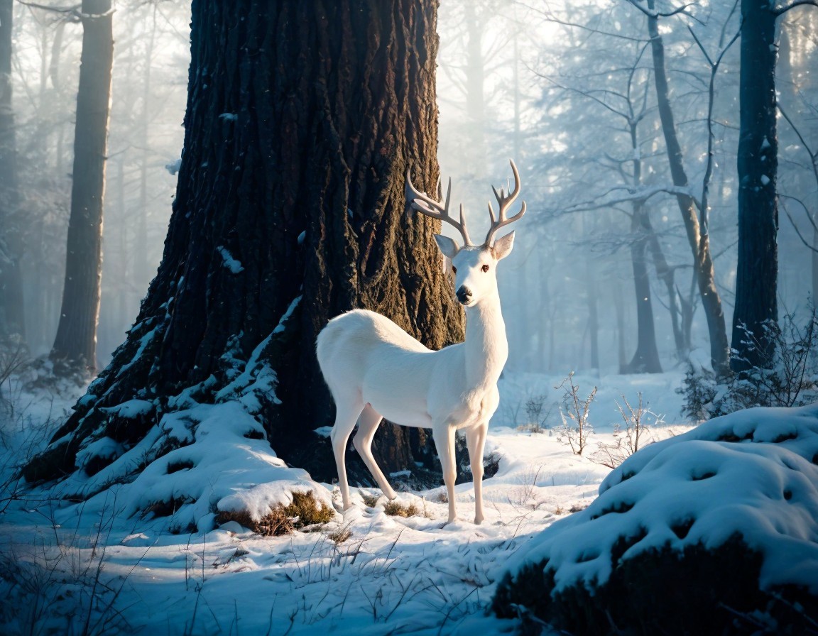 White deer with antlers in snowy forest under sunlight.