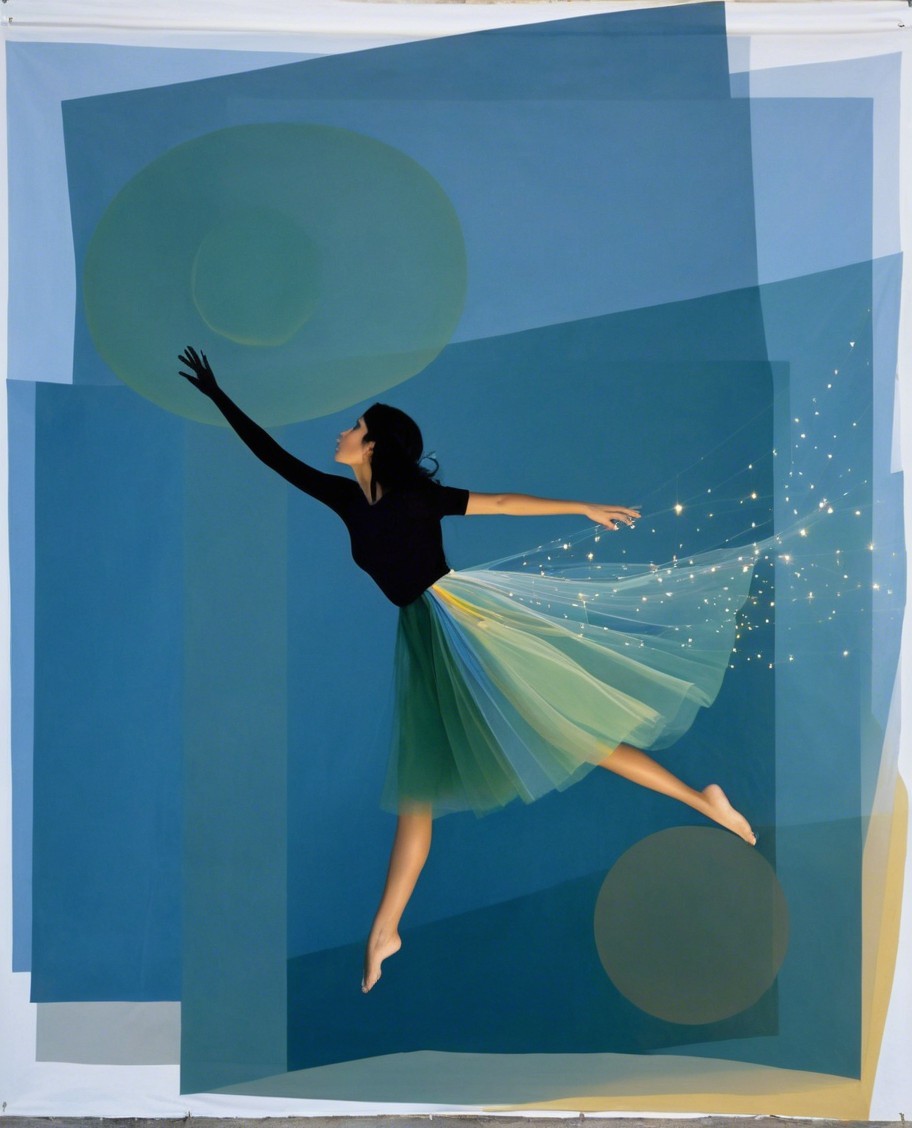 Dancer Mid-Leap with Geometric Blue and Green Background