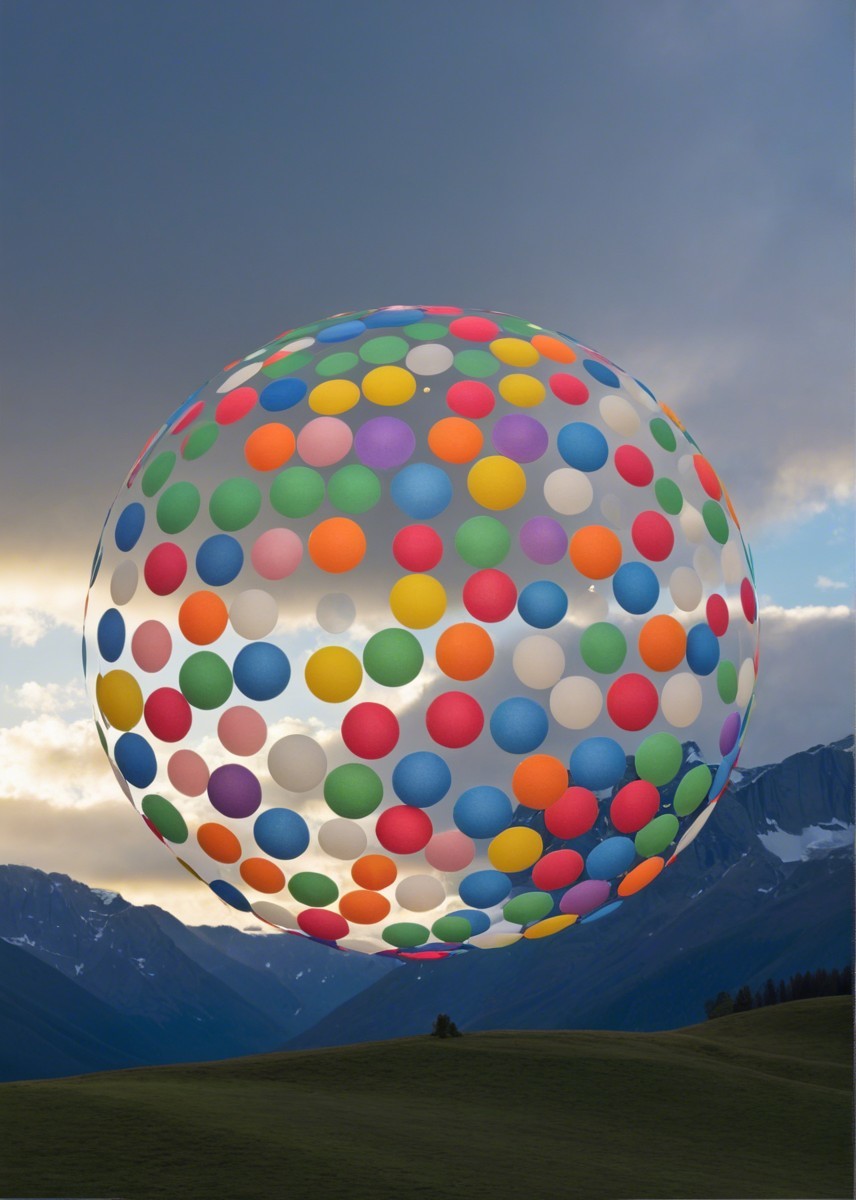 Colorful Sphere Over Serene Landscape with Mountains