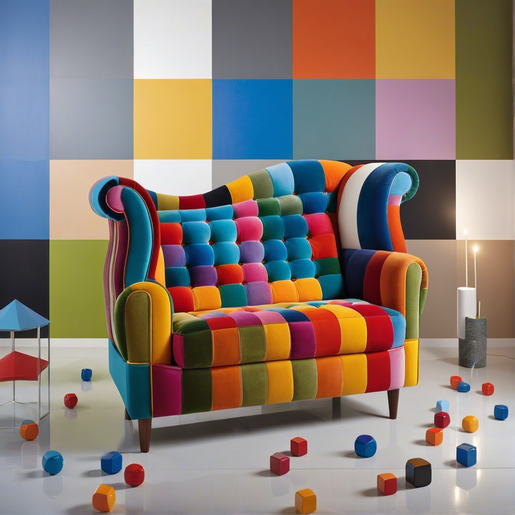 Vibrant Living Room with Colorful Patchwork Sofa