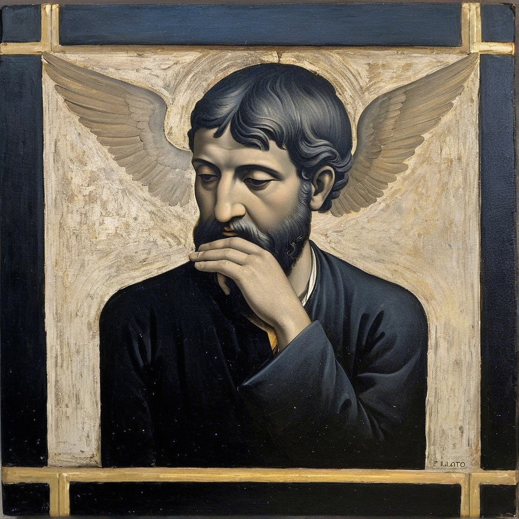 Contemplative figure with angelic wings and muted tones