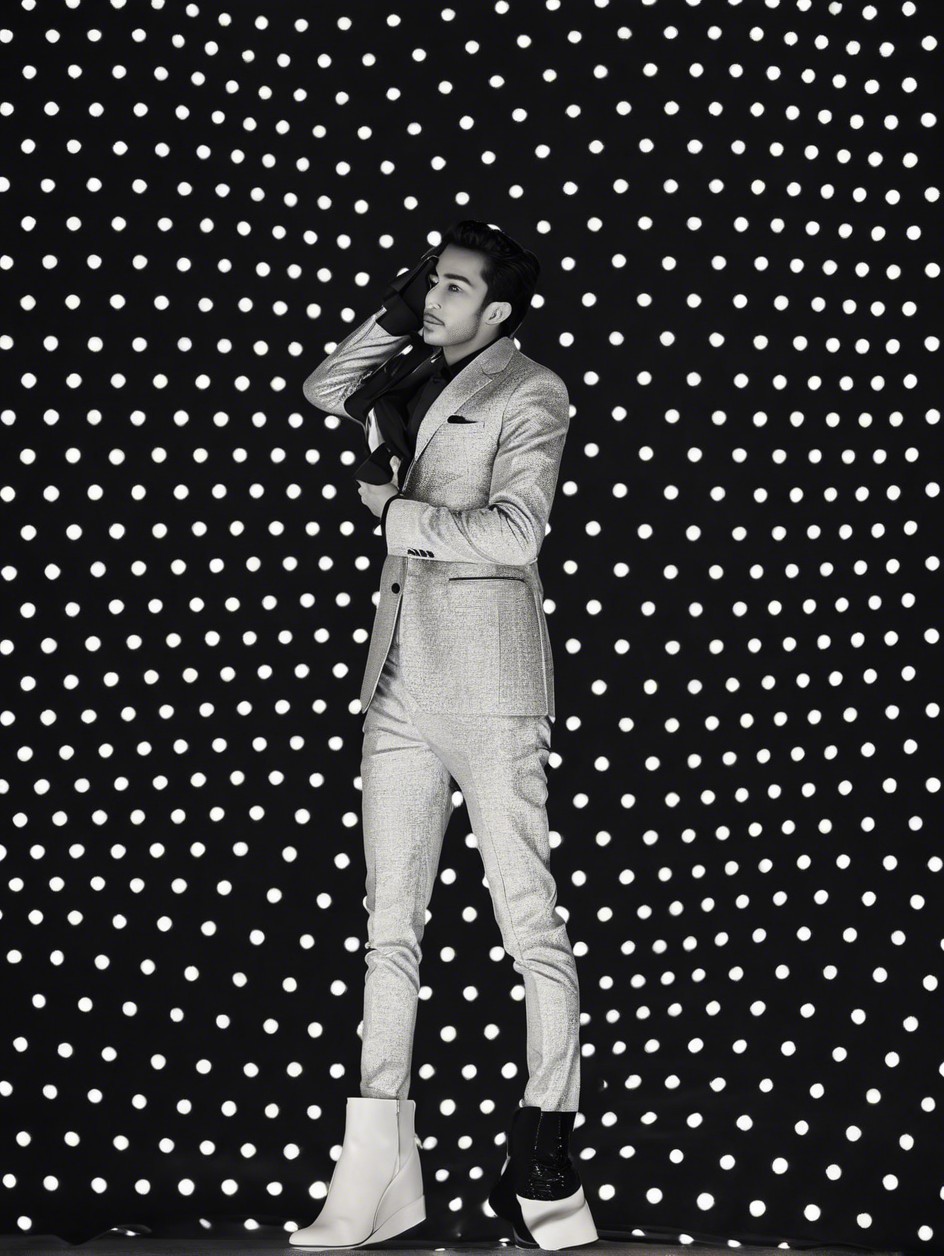 Male Model in Light Suit Against Polka Dot Background