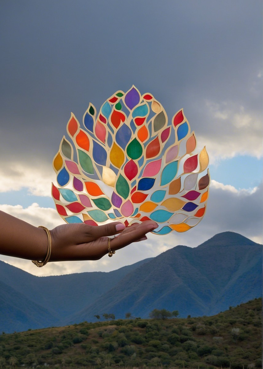Vibrant Leaf-Shaped Artwork Against Dramatic Sky
