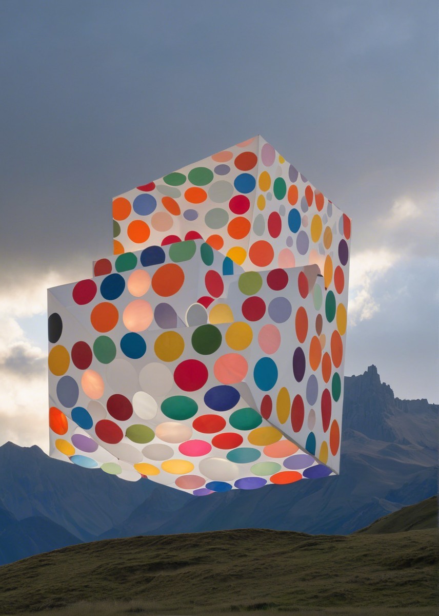 Colorful Cube Structure Over Mountainous Landscape
