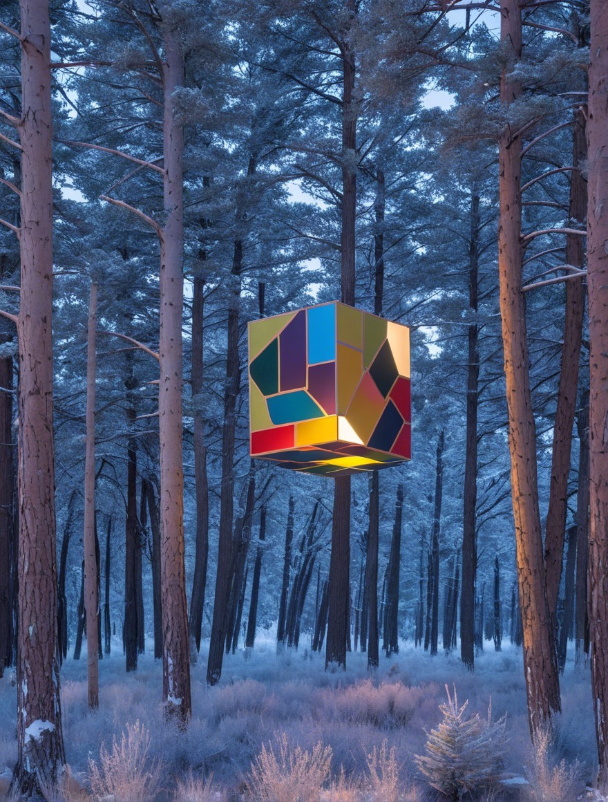 Colorful Geometric Cube in Snowy Forest Setting