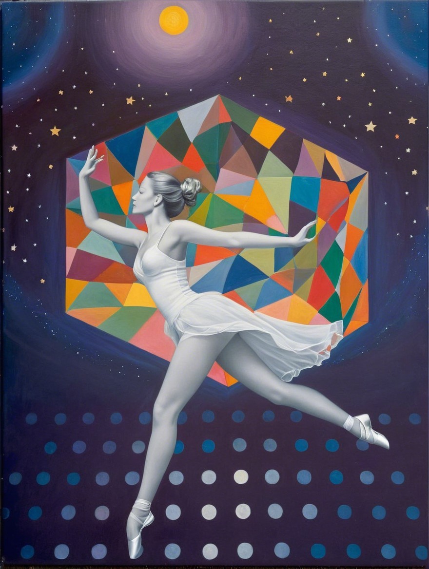 Ballet Dancer in Cosmic Backdrop with Geometric Elements