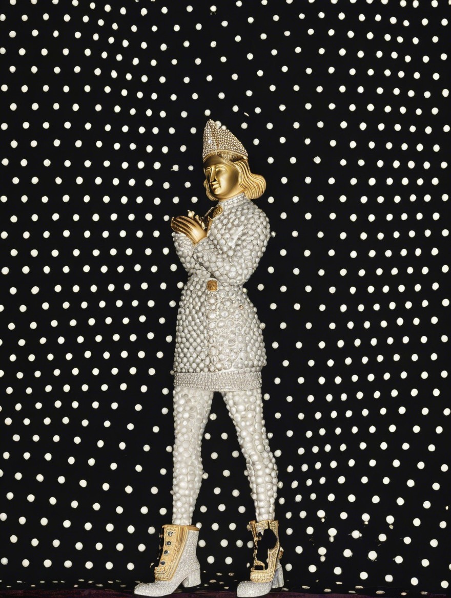 Striking Figure in Pearl-Accented Metallic Outfit