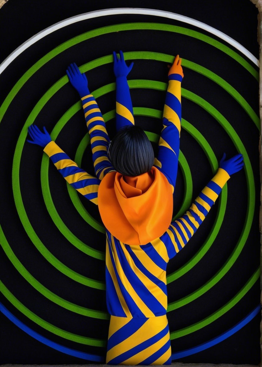 Vibrant Figure in Striped Outfit Against Dynamic Background